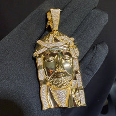 Big Gold Iced Diamond Cut Jesus Pendant w/Rope Chain